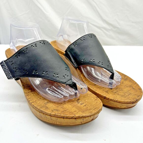 Vionic Womens Anitra Black Leather Wedge Thong Cork Sandals Flip Flops Size 11 - Picture 2 of 16